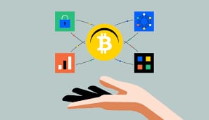 Illustration of a hand safeguarding Bitcoin alongside security and analytics icons
