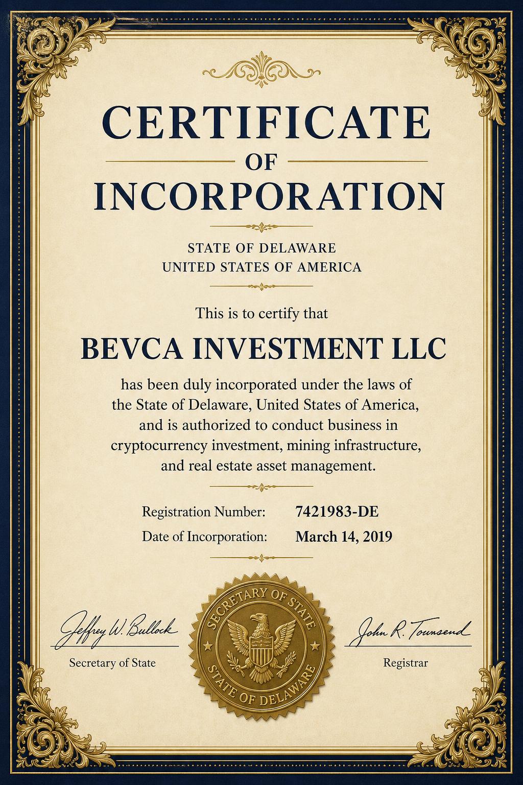 BEVCA Investment LLC Certificate of Incorporation, State of Delaware, USA